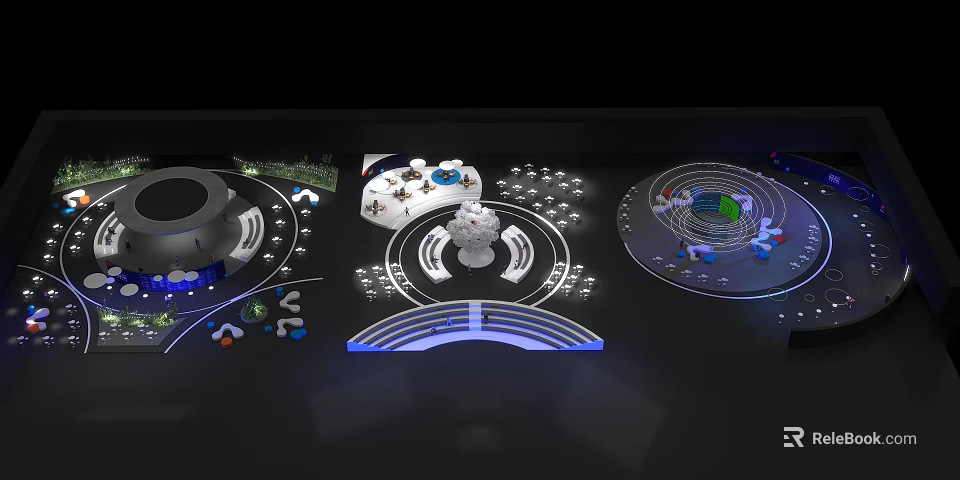 Interactive Modern Tech Exhibition Display With Circular Platforms And Illuminated Rings 3d model