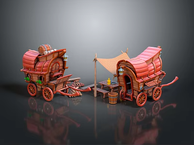 Vintage Red Carriages With Canvas Awnings Wooden Wheels And Small Tables 3d model
