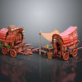 Vintage Red Carriages With Canvas Awnings Wooden Wheels And Small Tables