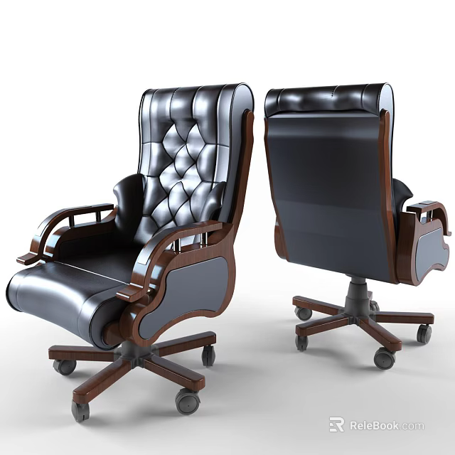 Black Leather Office Chair With Wooden Armrests And Diamond Stitched Backrest 3d model 