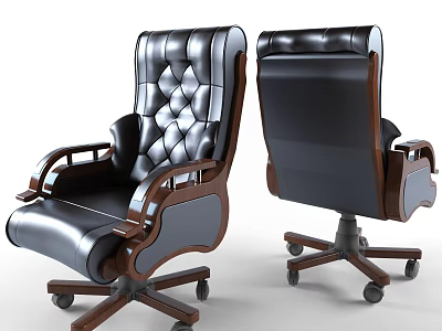 Black Leather Office Chair With Wooden Armrests And Diamond Stitched Backrest 3d model
