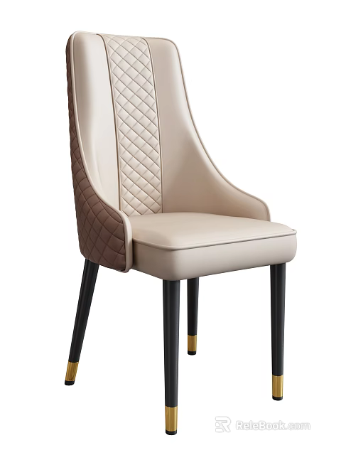 Elegant Modern Dining Chair With Beige Leather Upholstery Quilted Backrest Black Legs Gold Accents 3d model 