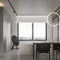 Modern Minimalist Living Dining Room Interior With Open Concept Gray Storage Cabinets And Artwork