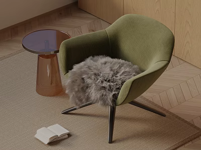 Green Accent Chair With Furry Cushion Round Side Table Copper Base Open Book Herringbone Floor 3d model