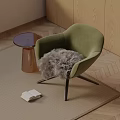 Green Accent Chair With Furry Cushion Round Side Table Copper Base Open Book Herringbone Floor