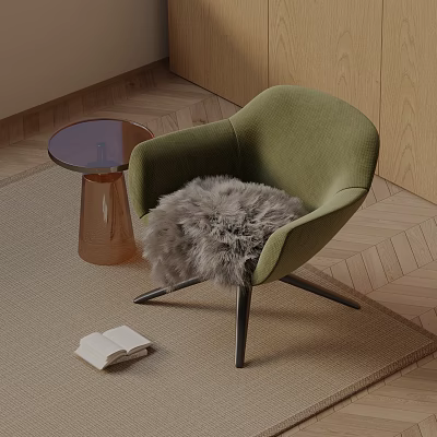 Green Accent Chair With Furry Cushion Round Side Table Copper Base Open Book Herringbone Floor 3d model