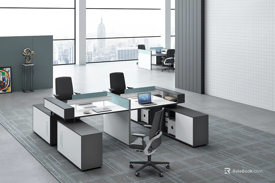 Modern Office Workspace With Partitioned Desks Black Chairs Laptop Filing Cabinets And City View Windows 3d model 