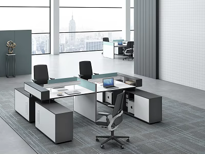 Modern Office Workspace With Partitioned Desks Black Chairs Laptop Filing Cabinets And City View Windows 3d model