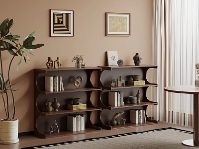 Elegant Room Interior With Brown Bookshelf Decorative Items Wall Art And Green Plant 3d model