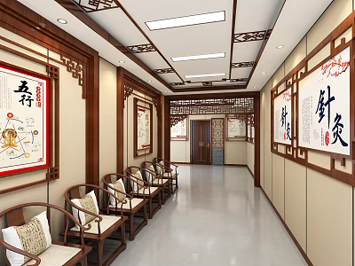 Chinese Style Medical Corridor With Wooden Decorations Calligraphy And Acupuncture Paintings 3d model