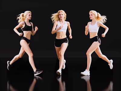 Group of Women Running in Black and White Sportswear on Dark Background 3d model
