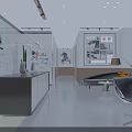 Modern Reception Desk Area Interior With White Gray Decor Display Shelves Lounge Seating And Lighting
