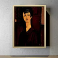 Framed Woman Portrait Painting with Curly Brown Hair Dark Dress and Light Blue Background
