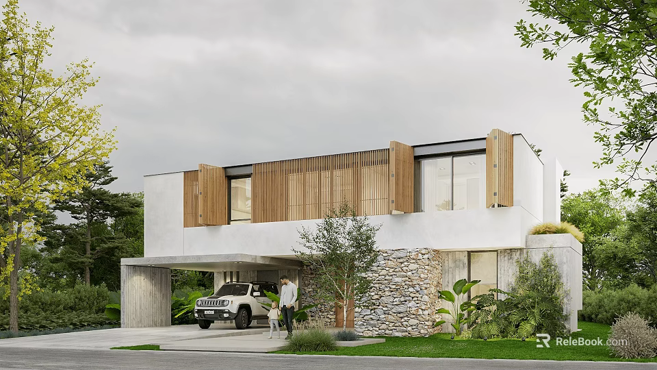 Modern Luxe Villa Exterior With White Walls Wooden Shutters Stone Wall Greenery And Car 3d model 