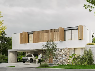 Modern Luxe Villa Exterior With White Walls Wooden Shutters Stone Wall Greenery And Car 3d model