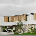 Modern Luxe Villa Exterior With White Walls Wooden Shutters Stone Wall Greenery And Car