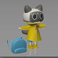 Cartoon Cat Character In Yellow Raincoat With Blue Backpack And Rain Boots