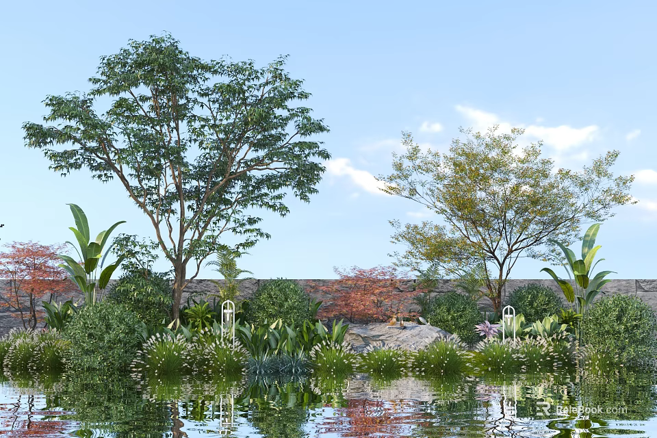 Shrubs In Garden Landscape With Water Reflection And Green Trees Under Blue Sky 3d model 