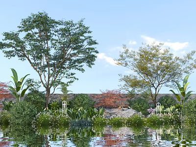 Shrubs In Garden Landscape With Water Reflection And Green Trees Under Blue Sky 3d model