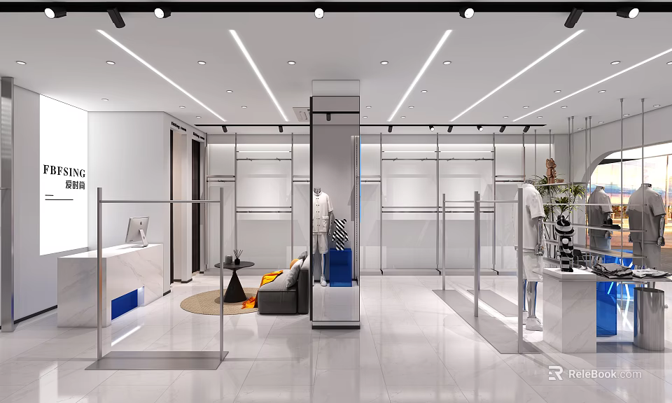 Modern Clothing Store Interior Design With Display Racks And Sofa Seating 3d model 