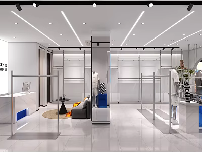 Modern Clothing Store Interior Design With Display Racks And Sofa Seating 3d model