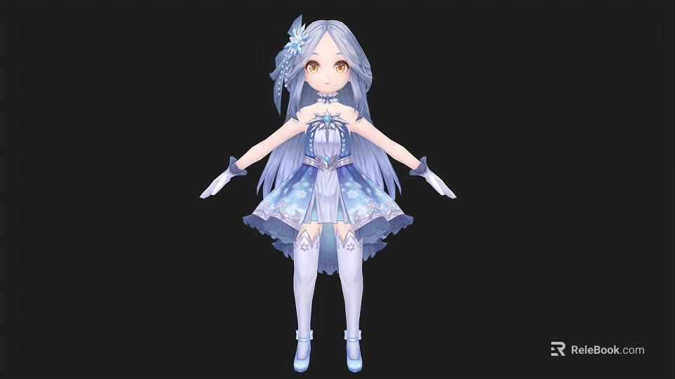 Anime Woman With Long Lavender Hair Blue White Layered Dress White Stockings And Blue Shoes 3d model 