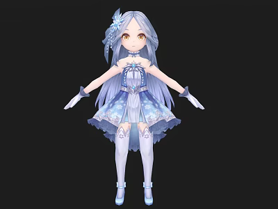 Anime Woman With Long Lavender Hair Blue White Layered Dress White Stockings And Blue Shoes 3d model