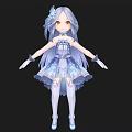 Anime Woman With Long Lavender Hair Blue White Layered Dress White Stockings And Blue Shoes