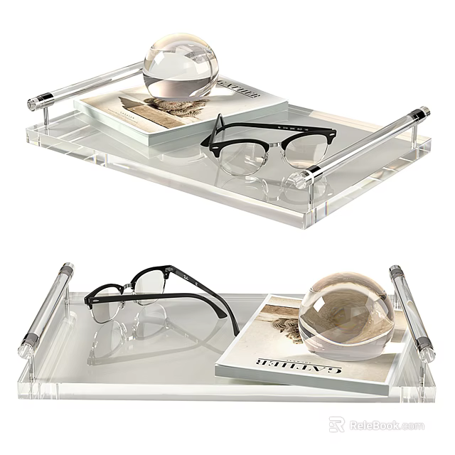 Decorative Ornament Set with Eyeglasses Glass Ball and Magazine on Clear Acrylic Tray 3d model 