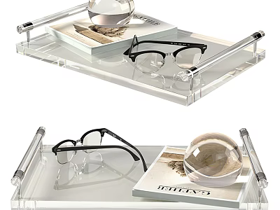 Decorative Ornament Set with Eyeglasses Glass Ball and Magazine on Clear Acrylic Tray 3d model
