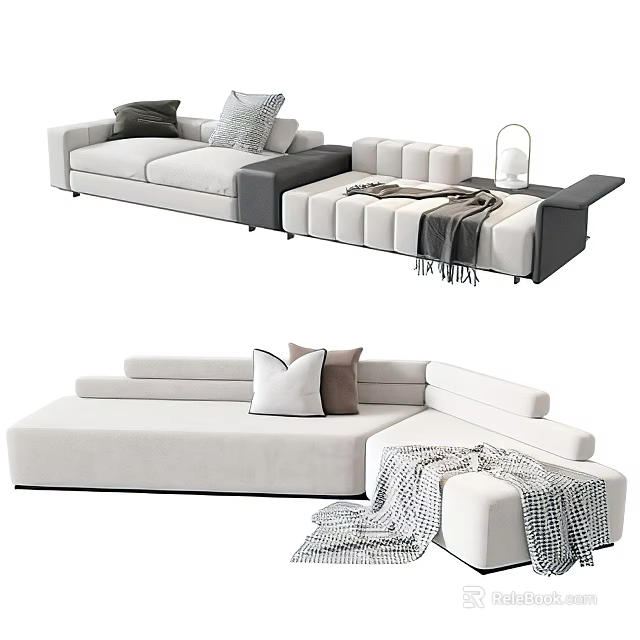 Modern Light Gray Sectional Sofa With Cushions Blanket And Side Table 3d model 