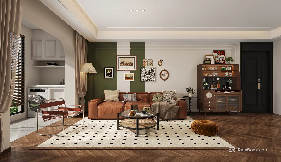 Cozy Living Room Interior With Green White Walls Brown Sofa And Checkered Rug 3d model 