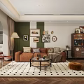 Cozy Living Room Interior With Green White Walls Brown Sofa And Checkered Rug