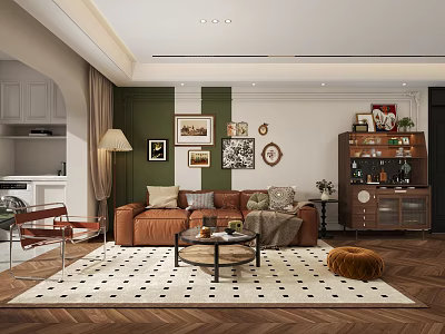 Cozy Living Room Interior With Green White Walls Brown Sofa And Checkered Rug 3d model