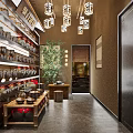 Traditional Chinese Restaurant Interior With Wooden Decor Lanterns Clay Pots And Green Plants