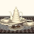 Elegant White Tea Set with Teapot Cups Tray and Cookies on Patterned Tablecloth