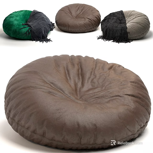 Soft Round Floor Cushions in Green Brown Grey Hues with Black Throw Blankets 3d model 