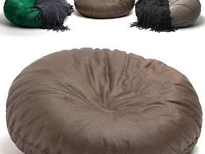 Soft Round Floor Cushions in Green Brown Grey Hues with Black Throw Blankets 3d model