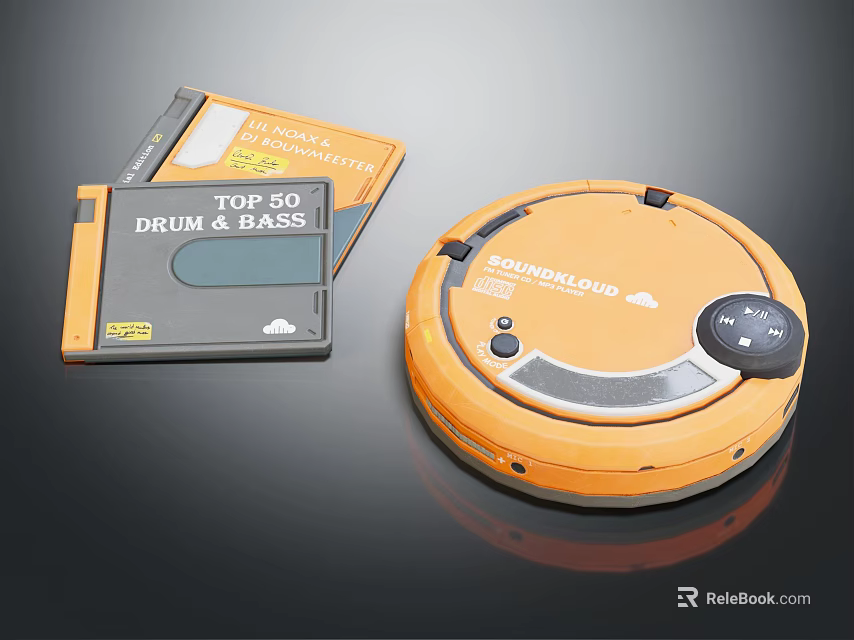Orange Robot Vacuum Cleaner With Music CDs On Black Surface 3d model 