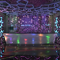 Modern Bar Interior with Neon Lights Colorful Lighting Mirrored Ceiling Bar Counter and Seats