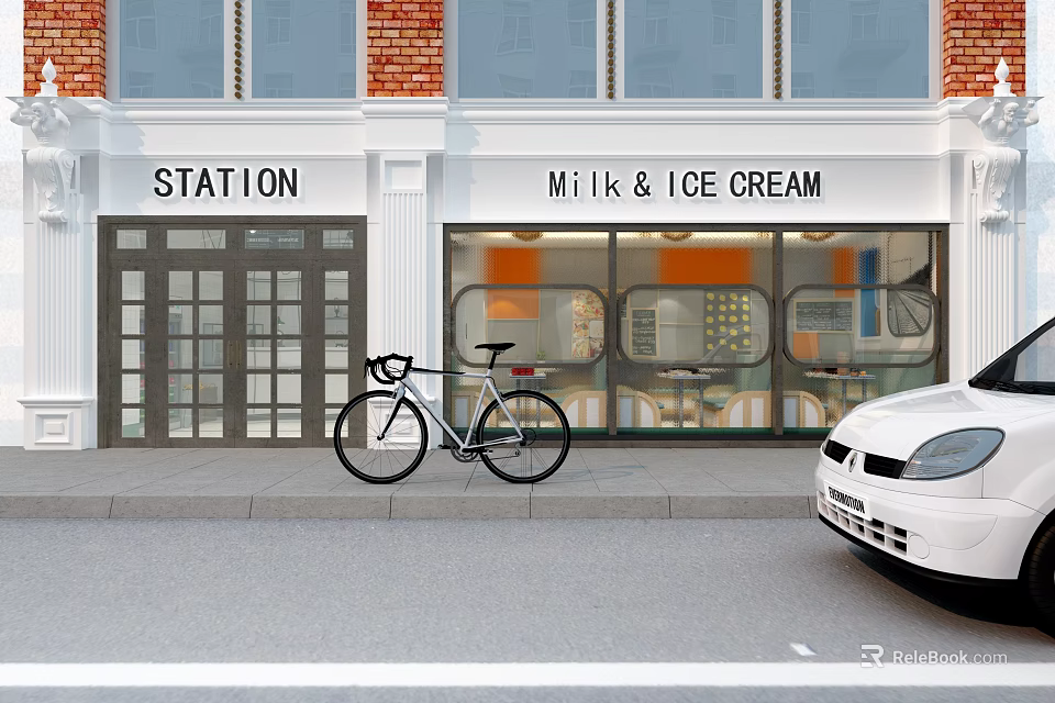 Charming Milk Ice Cream Dessert Shop Storefront With Glass Windows Street View Bicycle And Car 3d model 
