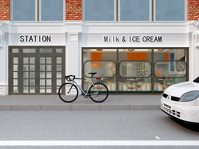 Charming Milk Ice Cream Dessert Shop Storefront With Glass Windows Street View Bicycle And Car 3d model