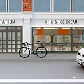 Charming Milk Ice Cream Dessert Shop Storefront With Glass Windows Street View Bicycle And Car