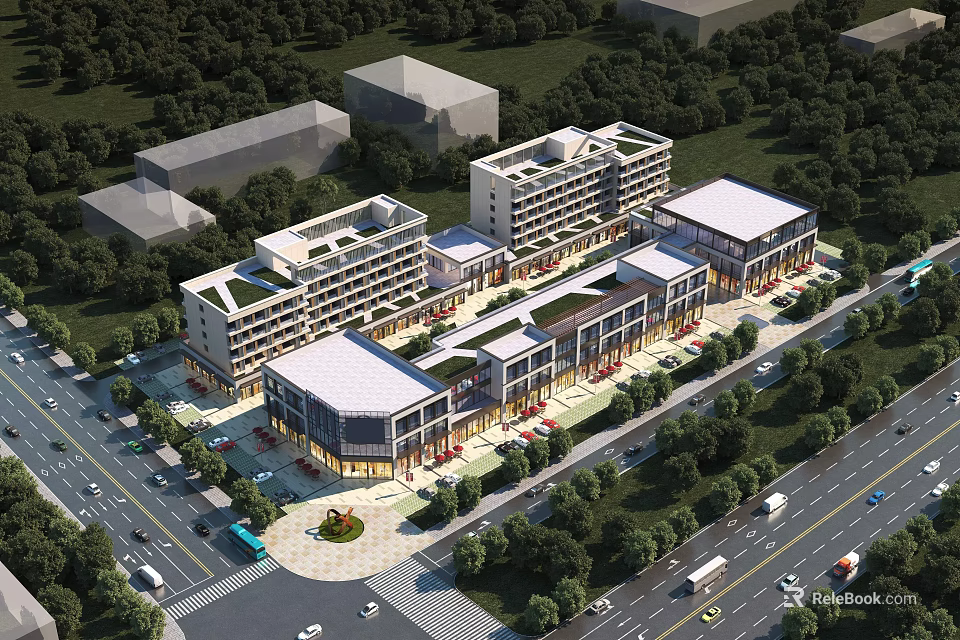 Modern Commercial Street With Multi story Buildings Green Landscaping Shops And Parking Areas 3d model 