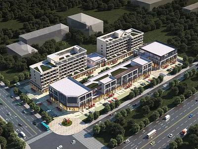 Modern Commercial Street With Multi story Buildings Green Landscaping Shops And Parking Areas 3d model