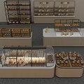 Modern Pastry Shop Interior With Glass Display Cases Shelves And Assorted Pastries