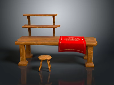 Wooden Furniture Collection Featuring Long Table Red Cloth Small Stool And Three Tiered Shelf 3d model