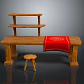 Wooden Furniture Collection Featuring Long Table Red Cloth Small Stool And Three Tiered Shelf