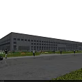 Modern Industrial Factory Building Exterior With Glass Windows Green Landscaping And Pedestrian Area