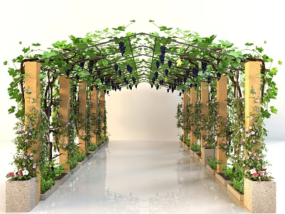 Lush Green Vine Covered Arbor With Wooden Pillars Flower Pots And Purple Grapes Along Walkway 3d model